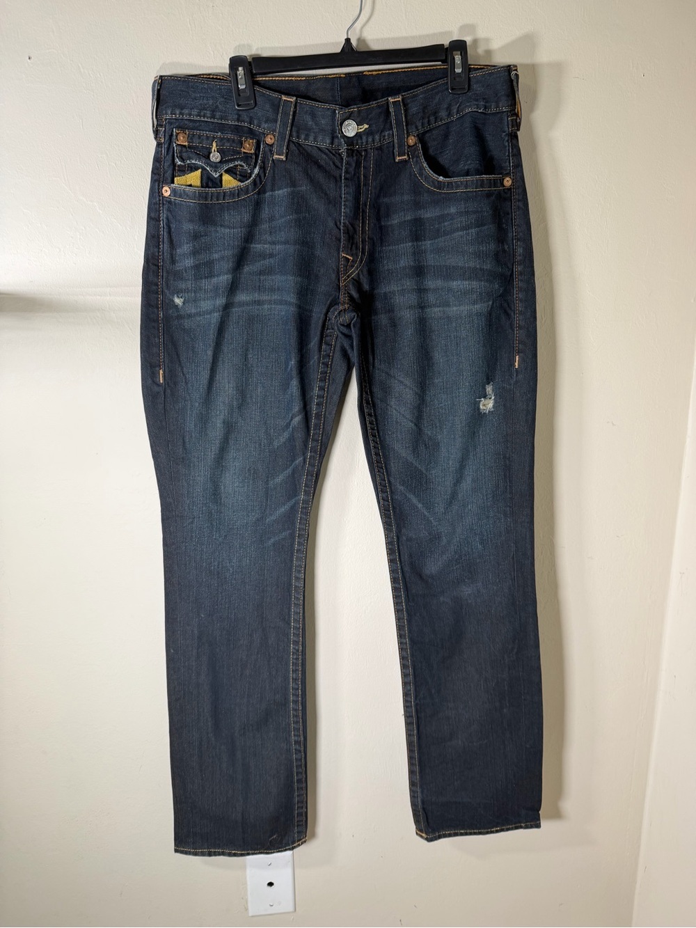 True Religion Dark Indigo Straight Leg Jeans with Pocket Accent